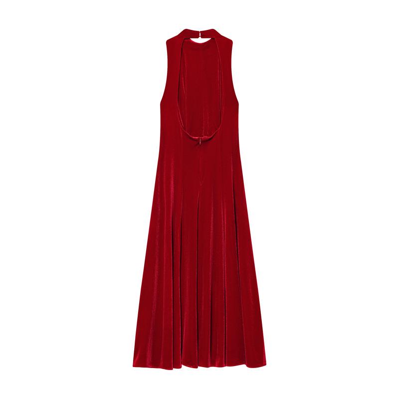 Summer 2025 Women's Sleeveless Velvet Midi Dress with Waist-Cinching Design