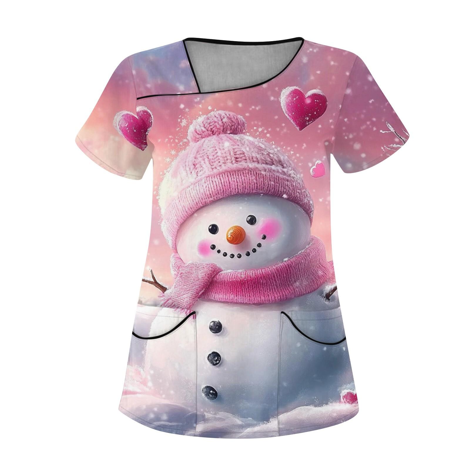 

Женская рабочая одежда с рождественским принтом, покатый воротник и двухслойные карманы, базовый пуловер сверху M розовый