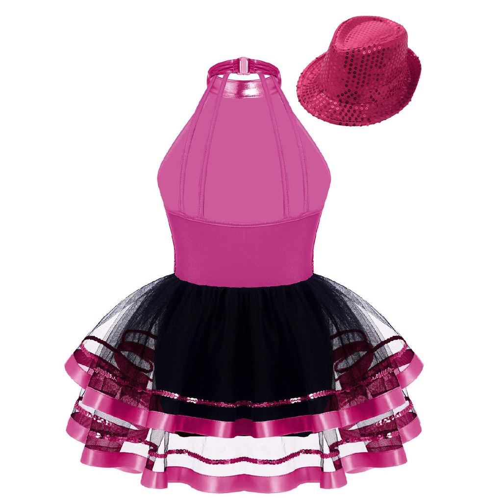 Sparkling Party & Performance Tutu for Girls: Halter Neck Backless Dress with Sequins, Includes Hat for Easy Complete Look