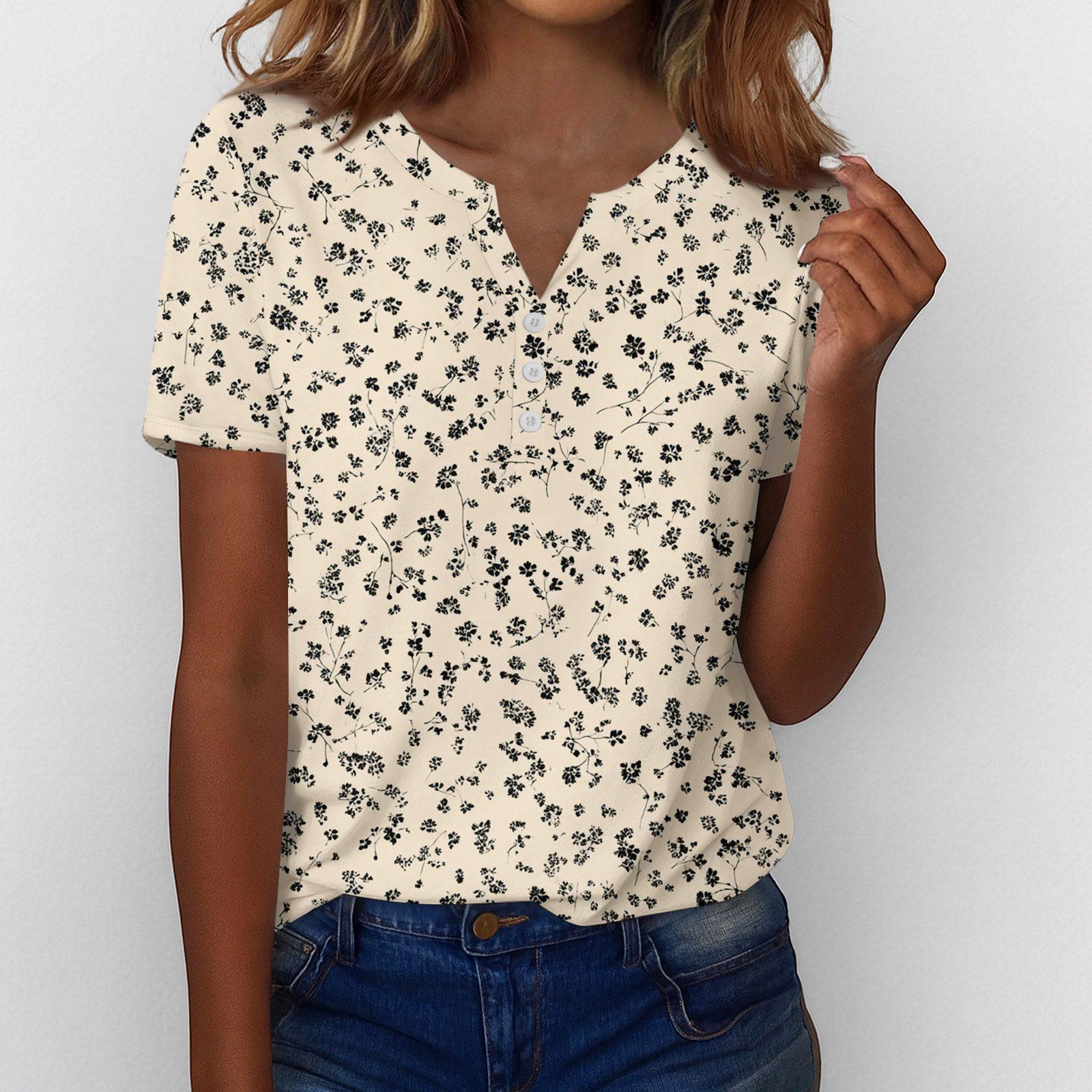 Henley Shirts for Women V Neck Womens V Neck Tops Short Sleeve Tops for Women Summer Floral Print Women Tops L бежевый