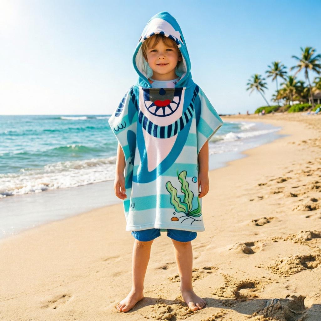 Ultra-Fine Fiber Cartoon Print Kids' Hooded Bath Towel Poncho