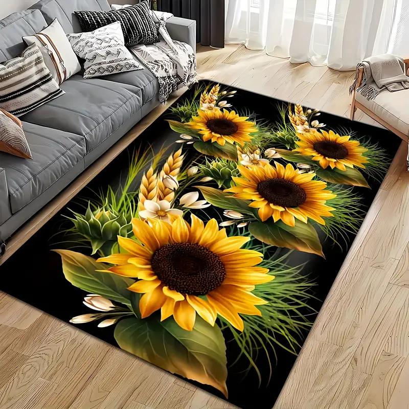 Black Background Sunflower Print Large Rug Soft Living Room Carpet Wear-resistant Floor Mat Sofa Bedroom Home Easy Clean Decor
