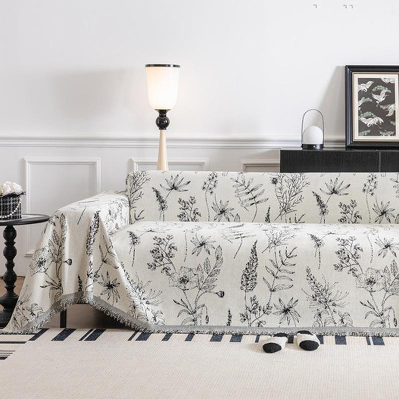 Elegant Chenille Sofa Cover Tassels Black Towel Blanket Anti Scratch Soft One Piece Couch Chair Furniture Protector