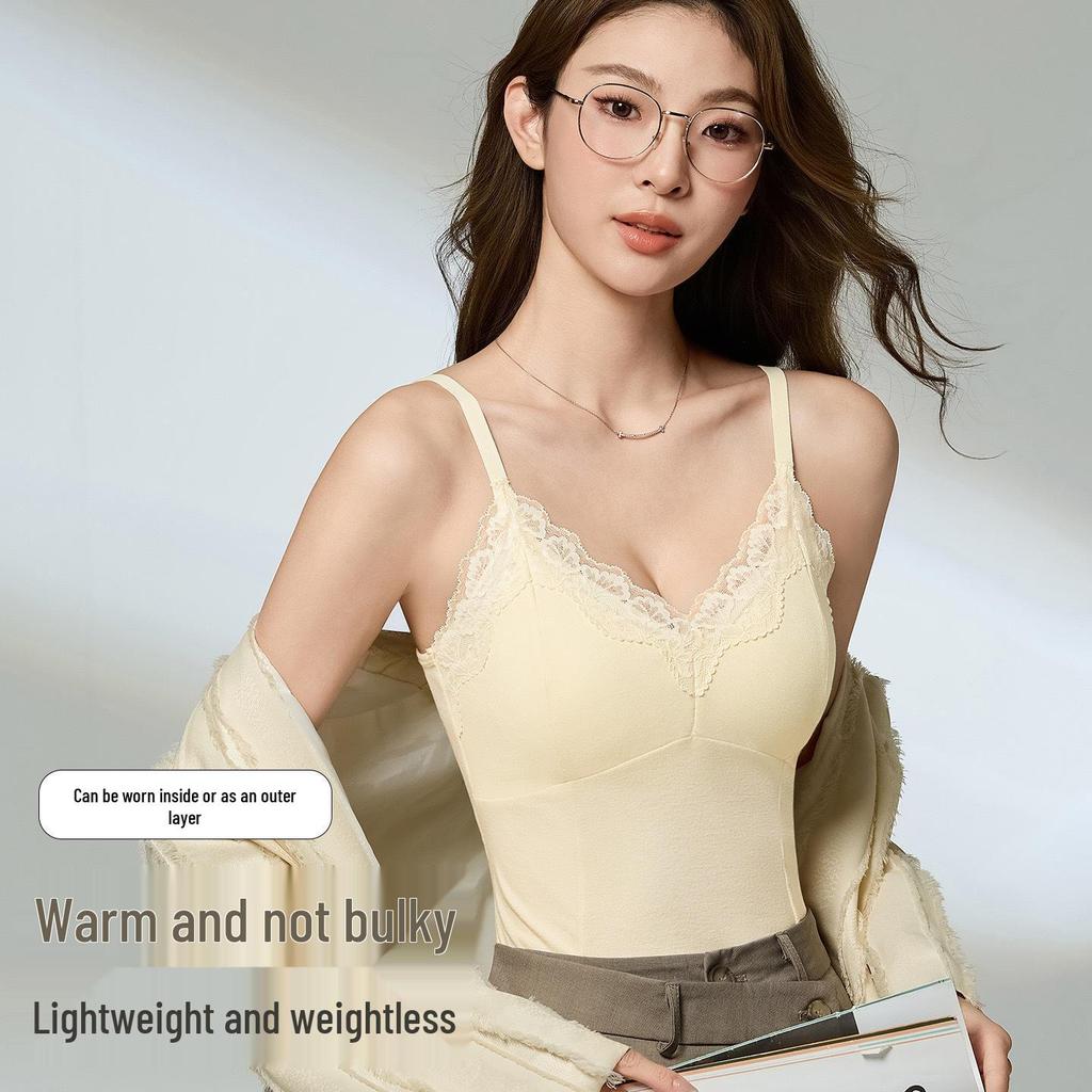White-Enhancing V-Neck Lace Warm Camisole with Chest Pads - Women's Autumn/Winter Base Layer