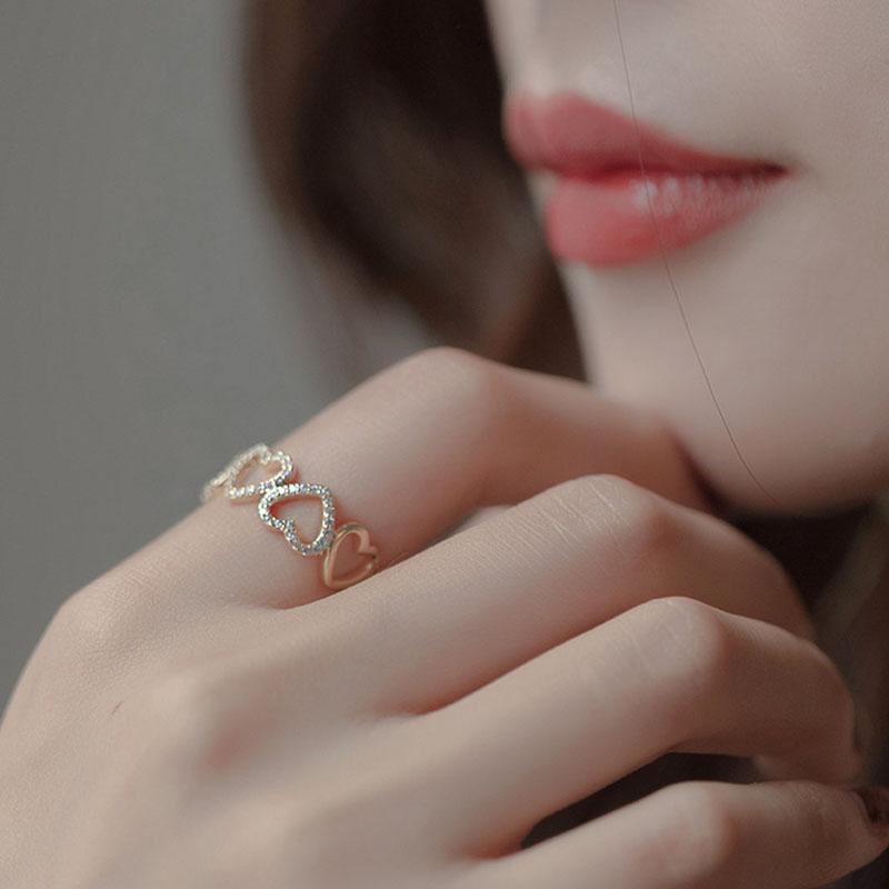 ANENJERY Micro Zircon Heart Rings Female Shiny Simple Light Luxury Korea Jewelry