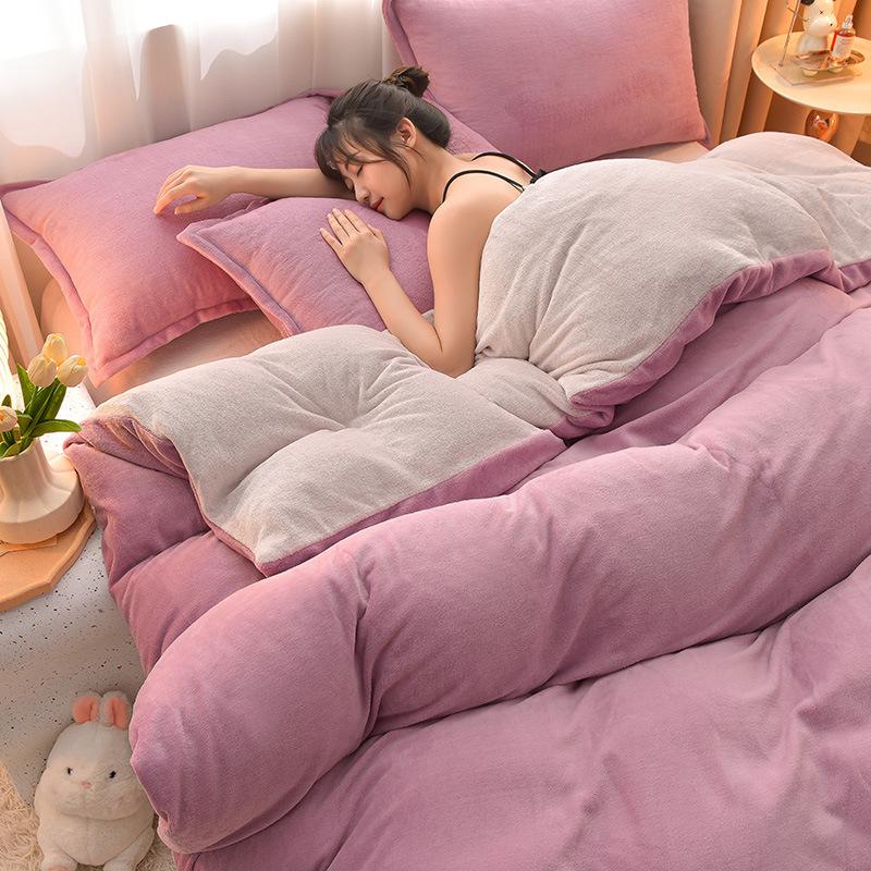 Class A Maternal Infant Grade Milk Fleece 4-Pcs Set, Warm Thickened Coral Fleece Fleece Bed Sheet, Bed Hat, Quilt Cover 3-Pcs Set