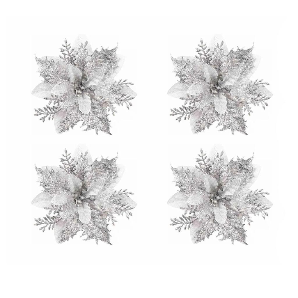 4pcs 14cm Glitter Artificial Christmas Flower Ornaments – Pink, Red & Gold for Tree & Home Holiday Decor