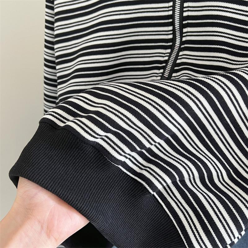 Women's Striped Half-Zip Cropped Hoodie - 2023 Autumn/Winter Long-Sleeve Loose Casual Top