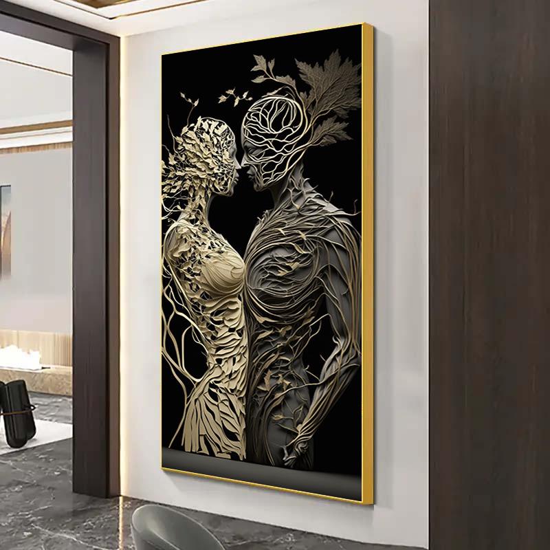 Modern Black & White Double Canvas Painting with Intricate Floral Figures