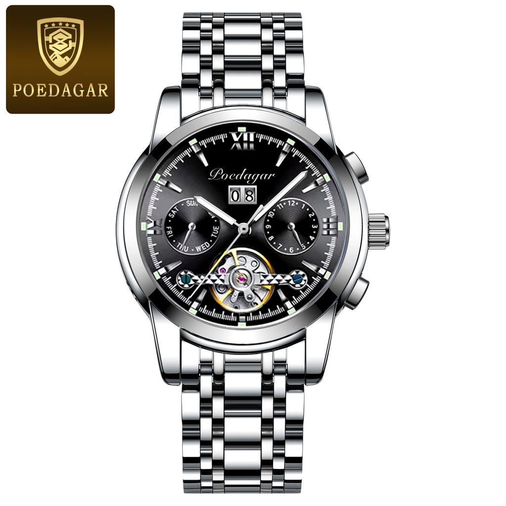 POEDAGAR Automatische mechanische Herrenarmbanduhr Hohl-Tourbillon Edelstahl-Uhr Wasserdicht Leuchtend Datum Uhren