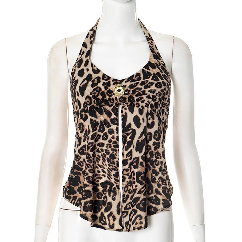 Y25TP093: Women s Color Block Halter Leopard Print Sexy Top for Spring & Summer Large