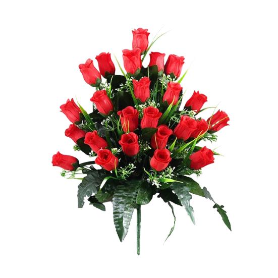 Artificial Cemetery Flower 24 Heads Faux Silk Rose Bush Memorial Rose Flower Bouquet for Headstones Gravesite Vase