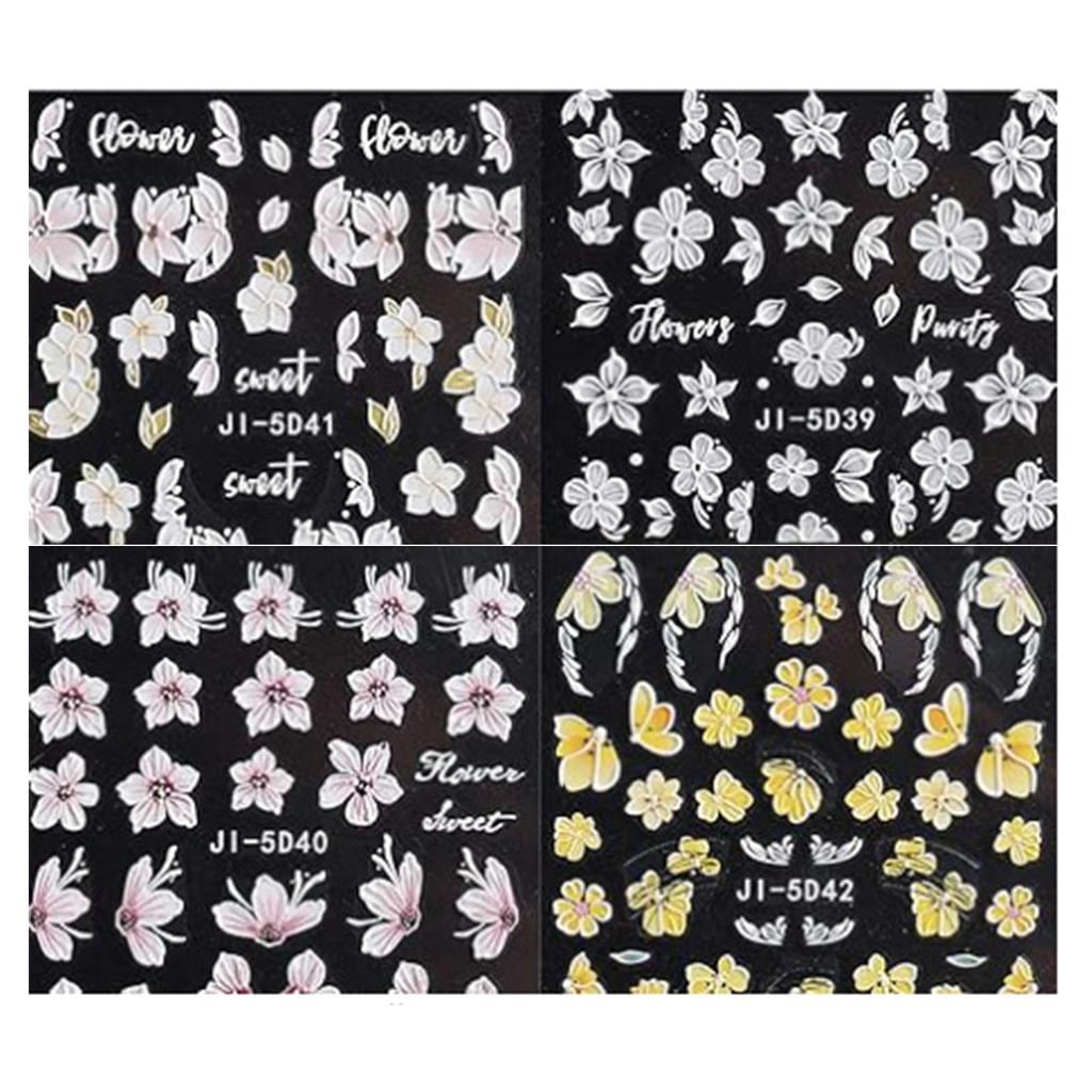 4 Sheets Flowers Nail Sticker Sweet Nails Art Stickers Self-Adhesive Nail Decals Nails Art Decoration for Woman Girl