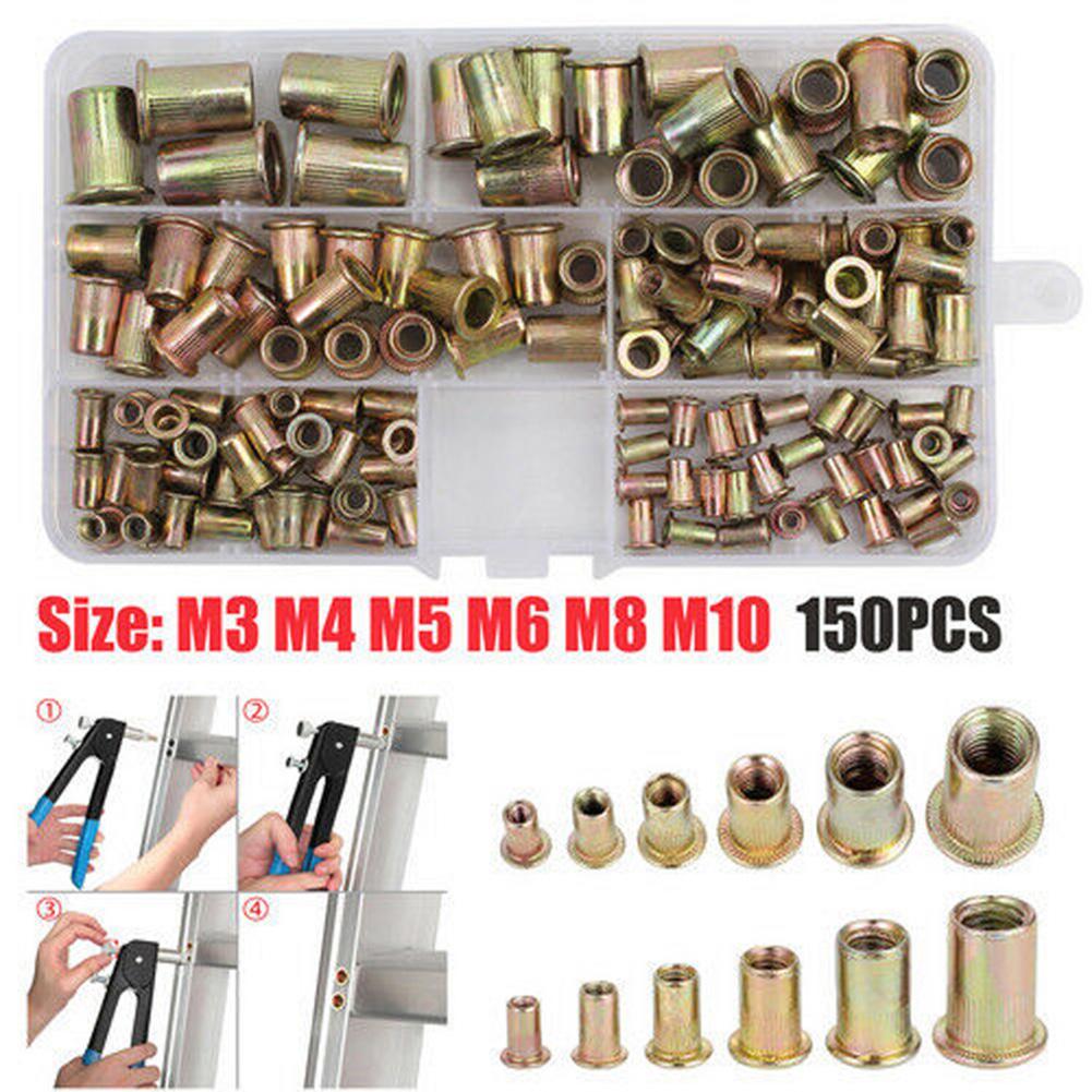 

150PCS Nut Rivet Threaded Insert Tool Kit Nutsert Riveter Hand Riveting Metric Size M3/4/5/6/8/10 Flat Head Knurled Body