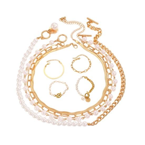 1 Ensemble Bracelet Collier Boucle OT Chaînes Cubaines Perles Imitation Collier à Longueur Réglable Bijoux à Superposer Cadeau