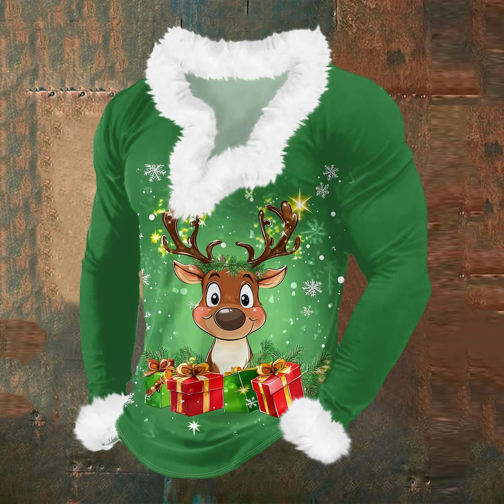 Herren Lässiges Weihnachten Bedrucktes Plüsch V-Ausschnitt und Fleece Langarm-Sweatshirt
