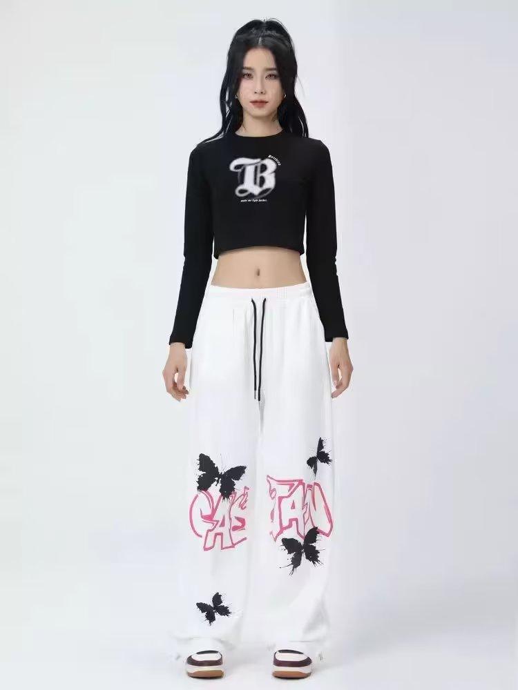 American Graffiti Butterfly Sweatpants: Korean Jazz Street Dance - Women's High-Design Spring/Summer Casual Wear