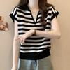 Large Size Fake Two-piece Striped Short-sleeved T-shirt for Women In Summer Fat Mm Slim Ice Silk Knitted V-neck Thin Top