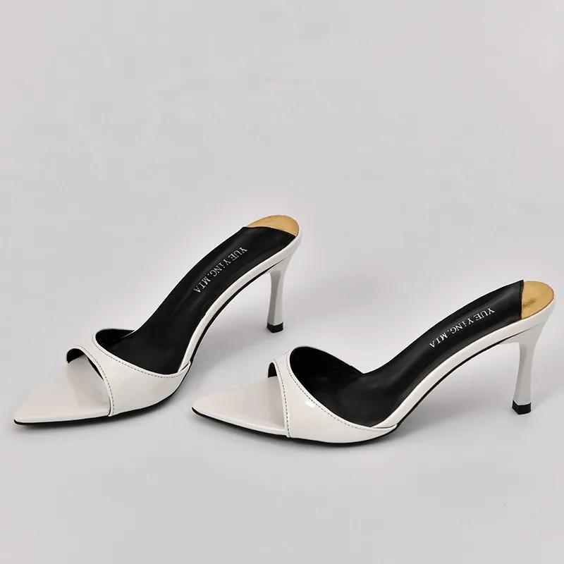 Summer New Style Pointed Toe High Heels Women's Patent Leather Sandals One Strap Thin Wedges Black Versatile Simple Design