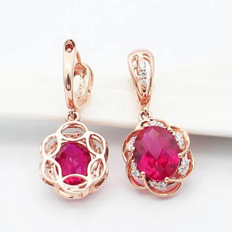 Exquises Boucles d'Oreilles Fleur Rubis de Luxe pour Femmes Plaqué Or Rose Cuivre Incrusté Ovale Mode Boucles d'Oreilles Mariage Zircon Cadeau