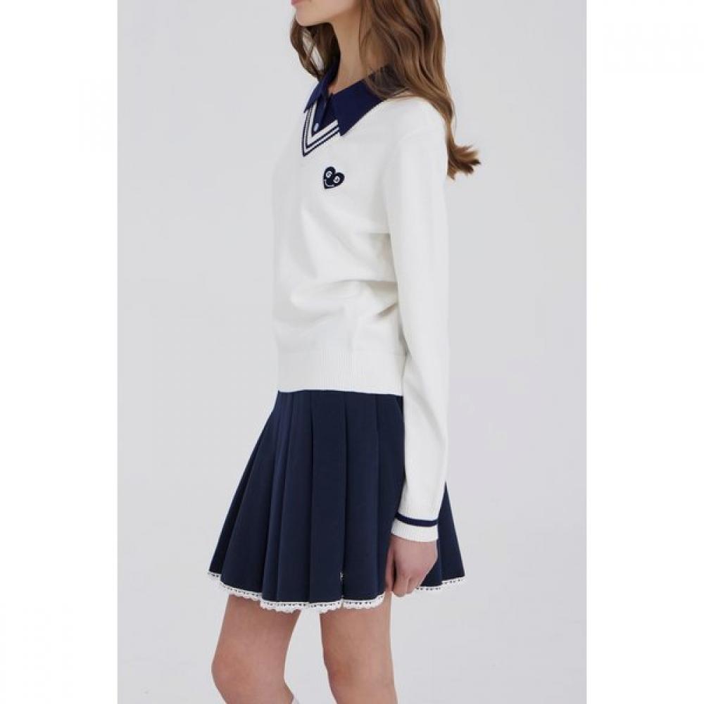 Goxo V Neck Color Knit White Smile Heart