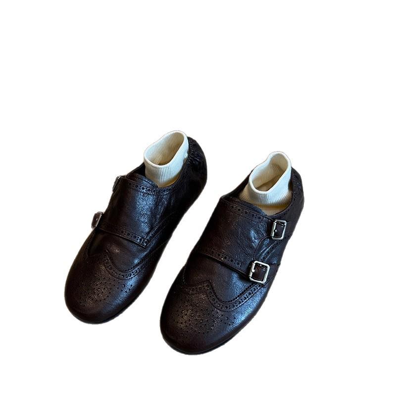 In Stock: Retro British Style Women's Genuine Leather Brogues – Carved Belt Buckle Loafers