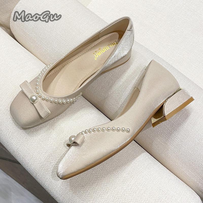 Fashion Women Pumps Mid Heels Fashion Sweet Square Toe Chunky Heel Shoes Pearl Satin Bowknot Woman Wedding Party Bride Shoes Ladies 43