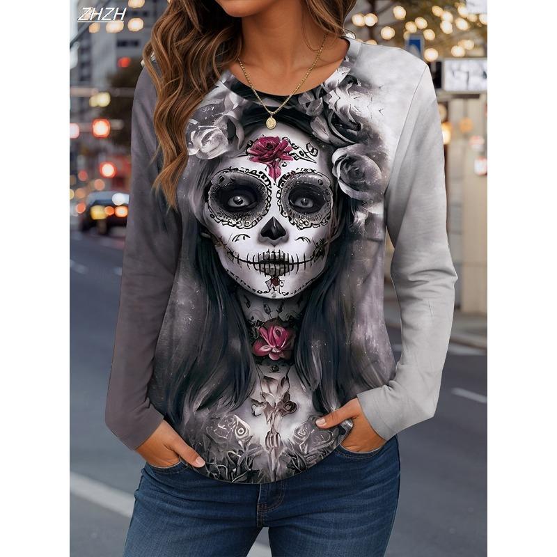 Women's Vintage Skulls Print Long Sleeve, Halloween Graphic Crew Neck Top, Seasonal Casual Wear,