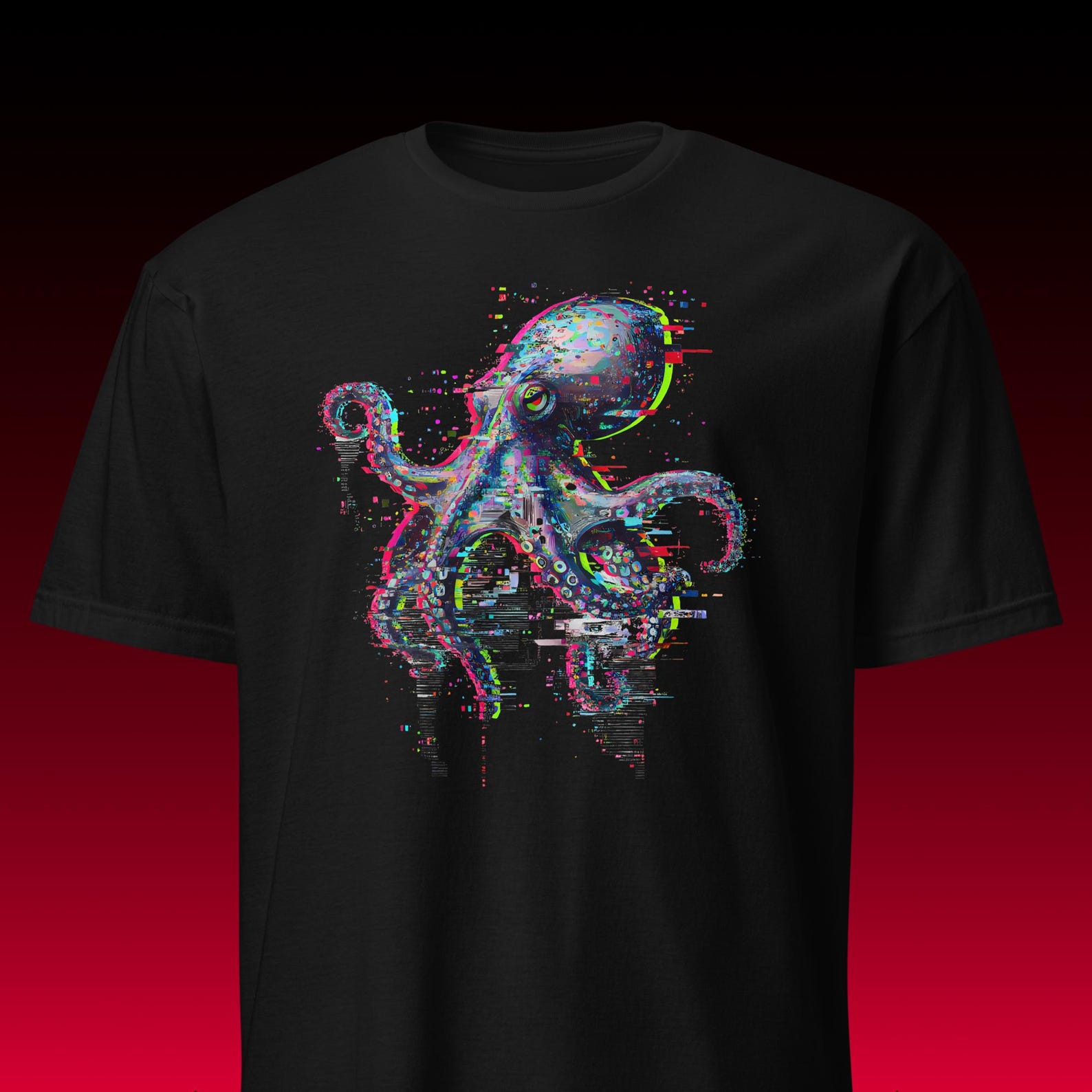 Octopus Glitch Graphic Tee | Cyberpunk Aesthetic | Vaporwave & Retrowave Gamer Shirt XL