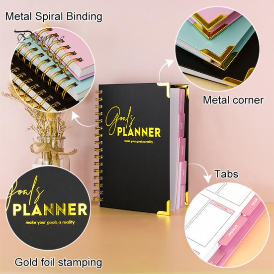 Make Your Goals A Reality Planner 2026 Weekly Notebook Spiral Bound Goal Journal with Elegant Cover Smooth Lines Design Setting & Task Tracking