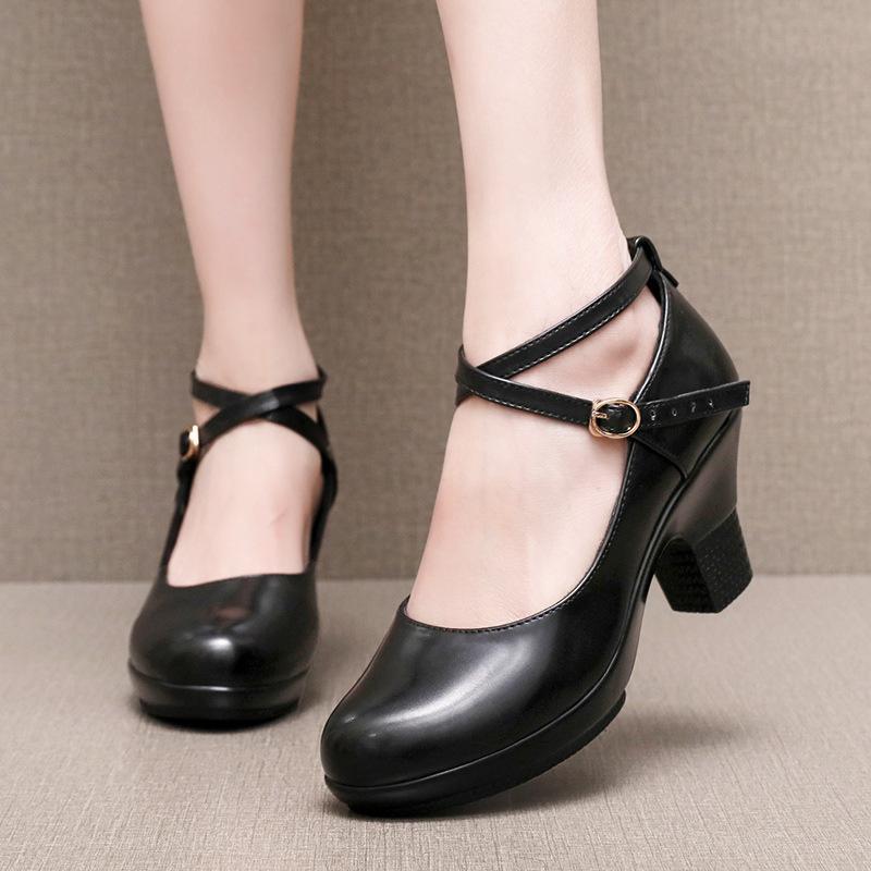 

Women Genuine Leather Shoes Med Block Heels Platform Shoes for Office Model Dance Mom 39EU/CN40