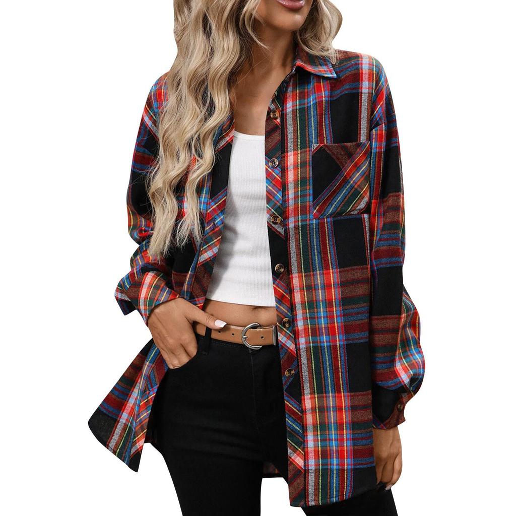 Women's Turn Down Collar Long Sleeve Flannel Oversized Casual Plaid Shirt Blouse