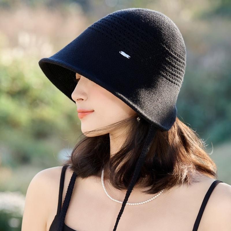 Summer Hollow Knitted Bucket Hat High-End Sun Hat Breathable Sunscreen Basin Hat Versatile Lace-Up Bucket Hat