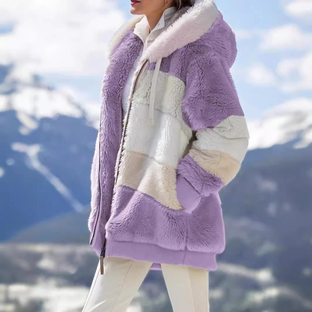 Multi-color Splicing Short Loose Plush Hooded Jacket Women