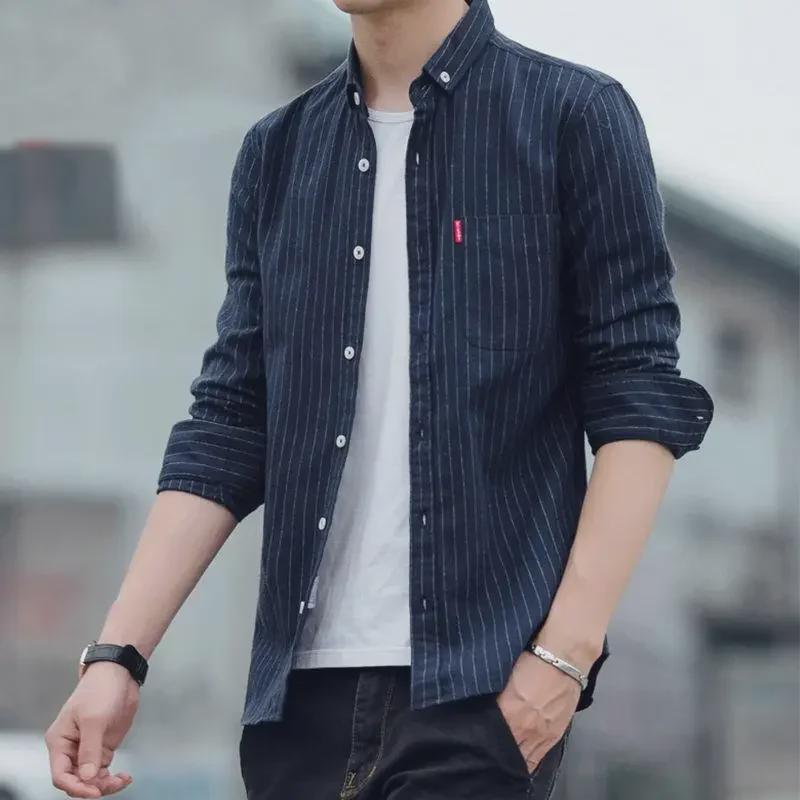 2022 Korean Style Men's Slim Striped Long-Sleeve Shirt - Casual Autumn Jacket for Middle-Aged and Young