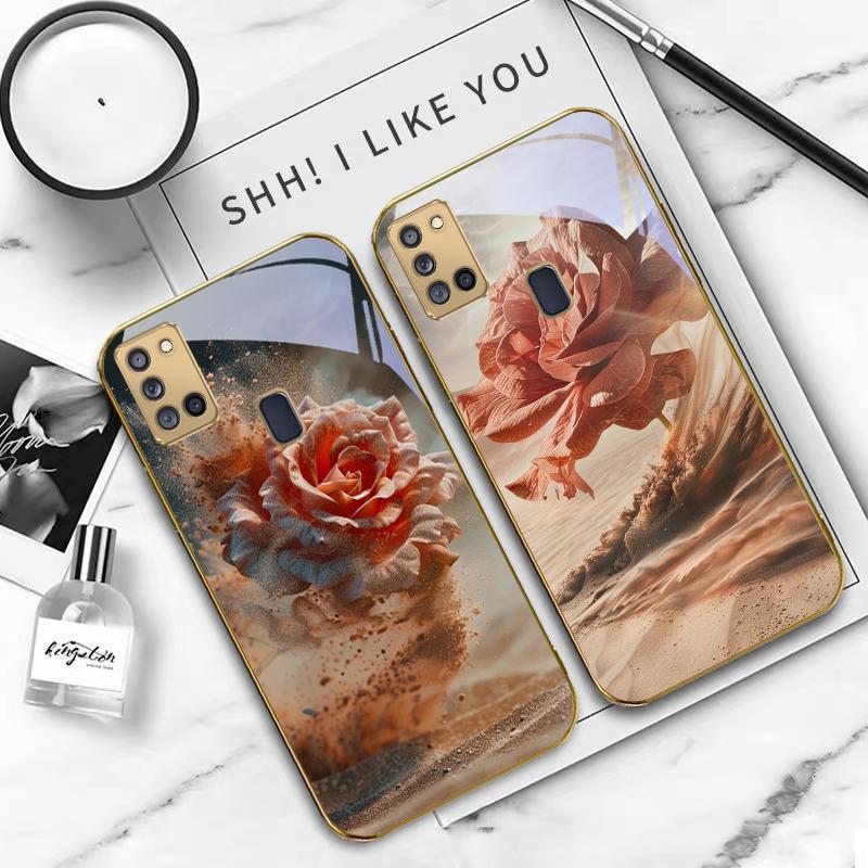 Vintage Desert Pink Rose For Samsung A 31 32 A33 A34 35 14 A15 13 16 25 26 50 52 53 54 55 56 70 71 72 73 Golden glass phone case