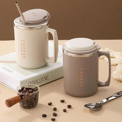 WORTHBUY 480ml 304 Caneca de café de aço inoxidável com tampa, colher e canudo, copo de café isolado para estudantes, adultos, escritório, copo para beber