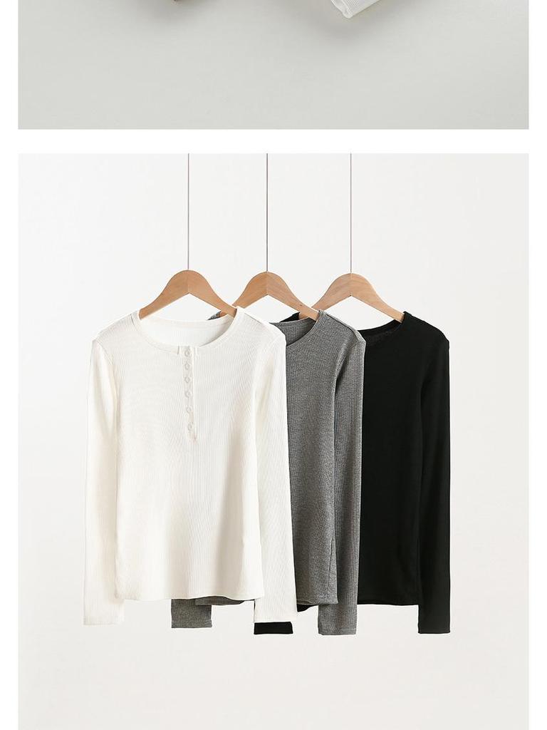 Women's Slim Fit Long Sleeve Half Open Collar T-shirt with Button Detail