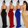 European & American Spaghetti Strap Sequin Mesh See-Through Irregular Slit Dress for Women