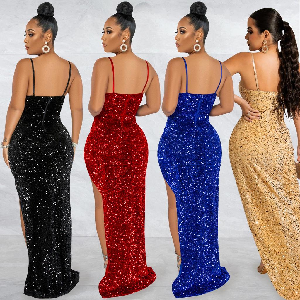 European & American Spaghetti Strap Sequin Mesh See-Through Irregular Slit Dress for Women