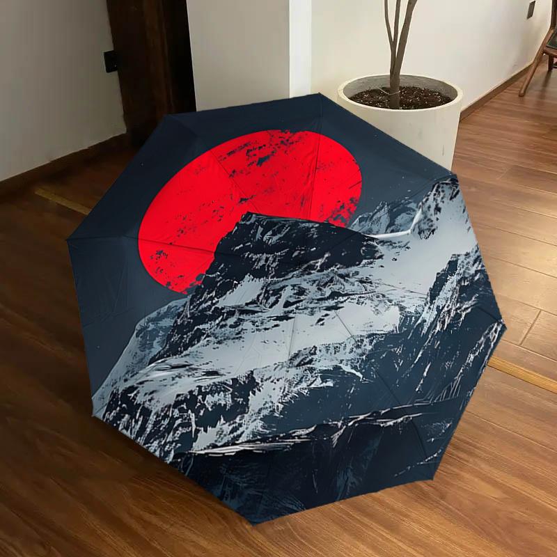 

Red Sun Mountain Scene Automatic Opening/Closing Umbrella - Portable Tri-Fold Design with 8-Bone Iron Frame, Perfect for Outdoor Use, Festiv