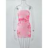 25 Summer Sexy Tube Top Print Slim Fit Pleated Double Layer Dress Mesh Pink off-Neck Wrap-around Short Dress