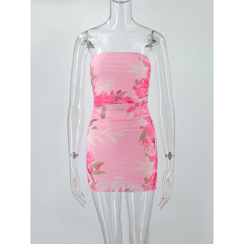25 Summer Sexy Tube Top Print Slim Fit Pleated Double Layer Dress Mesh Pink off-Neck Wrap-around Short Dress