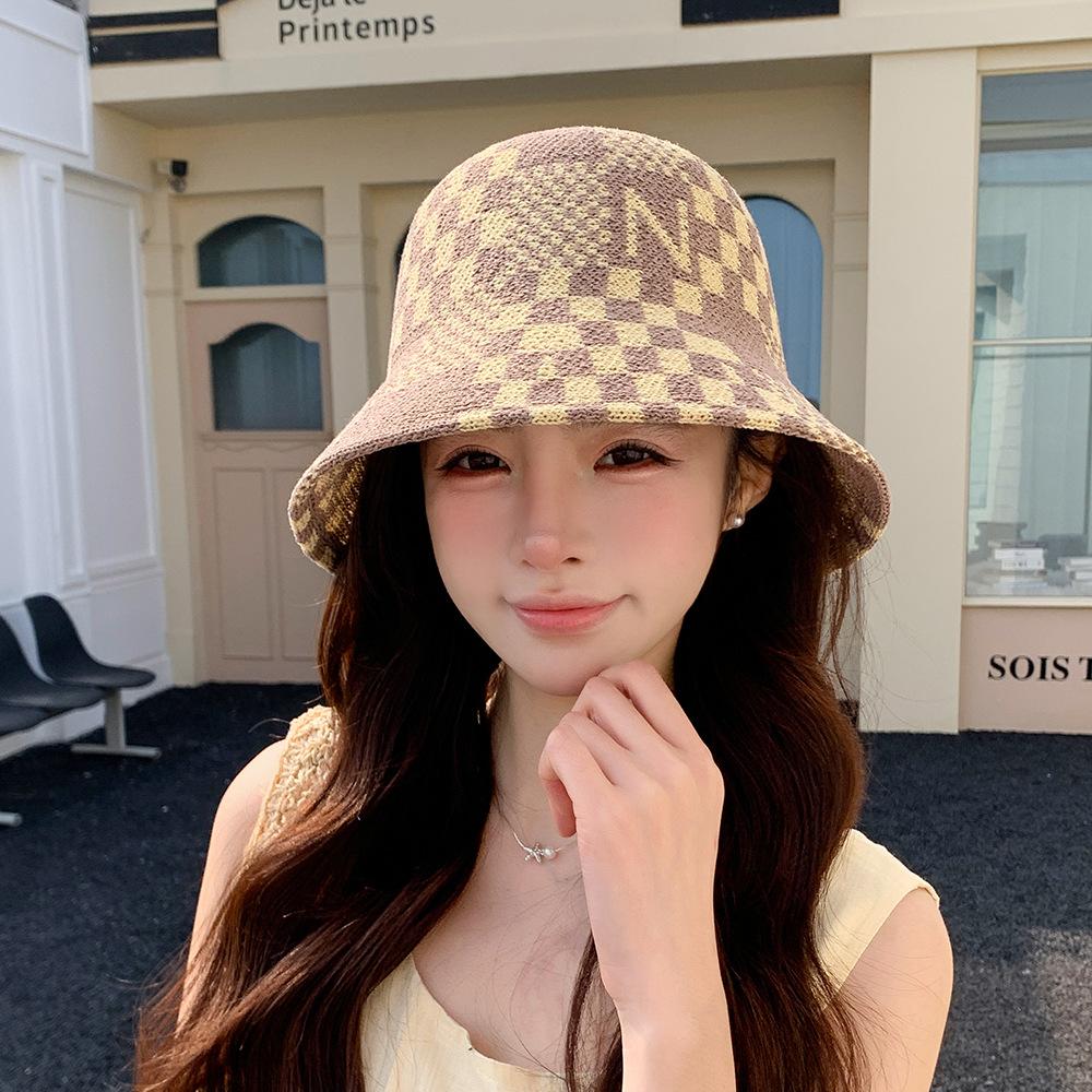 

Knit Bucket Hat Plaid Geometric Wide Brim Sun Protection Breathable Color Block Summer Spring Sunshade Women One size