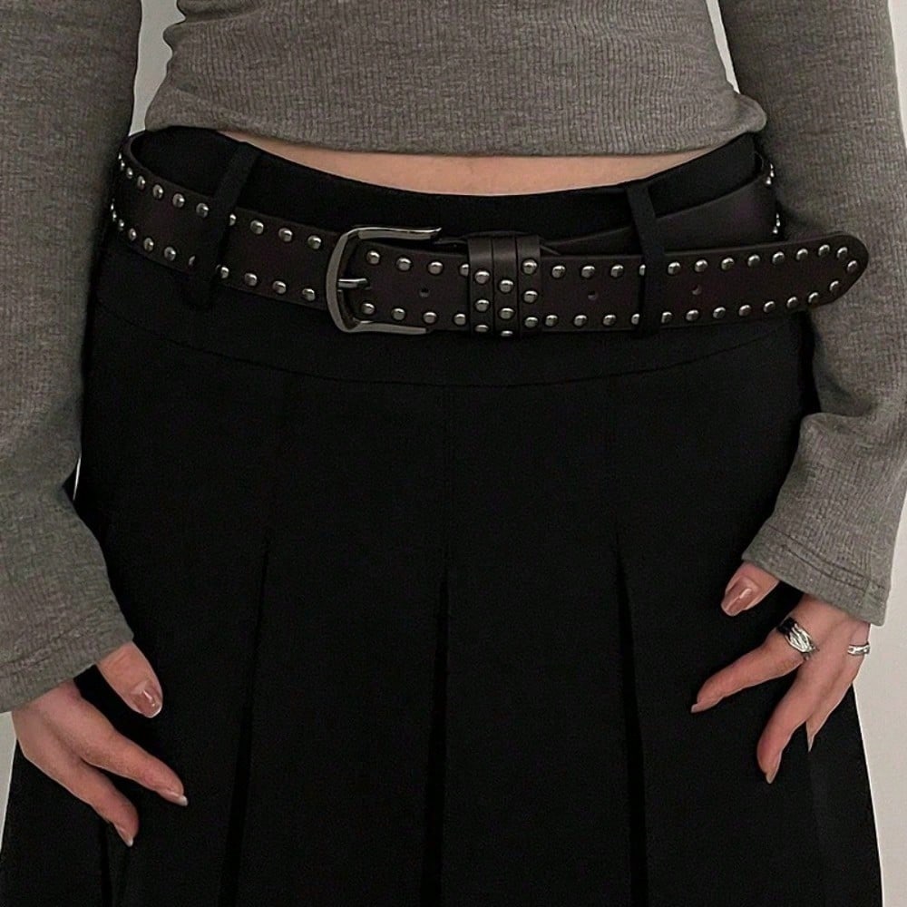 Jeans Punk Occidentaux pour Femmes Ceinture Polyvalente pour Femmes Personnalité Mode Ceinture à Rivets Noir Premium café