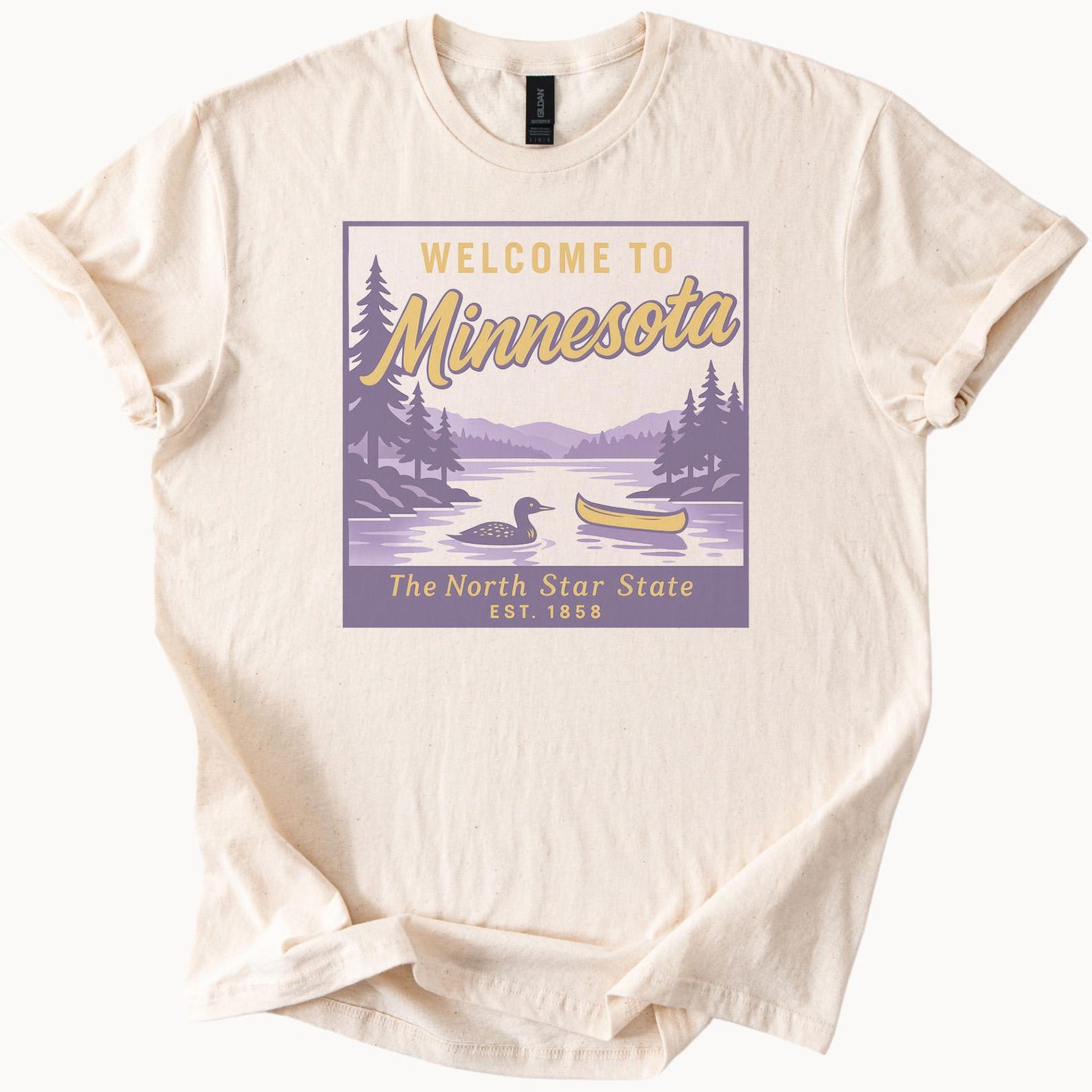 Minnesota North Star State Shirt Welcome to Minnesota Graphic Tee Canoe and Loon Lake Scene Minnesota Mountains Nature T Shirt 1858 Est 110