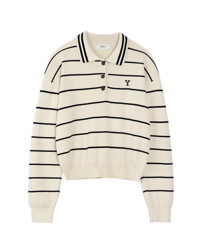 YALE Women'S Y Logo Striped Polo Knit_Ivory