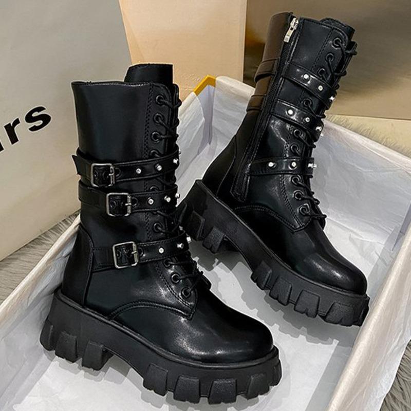 Fashion Women Boots Fashion Punk Platform Women Boots Handsome Knight Motorcycle Boot Side Zipper Chunky Boot Plus Size35-43 Botas Mujer