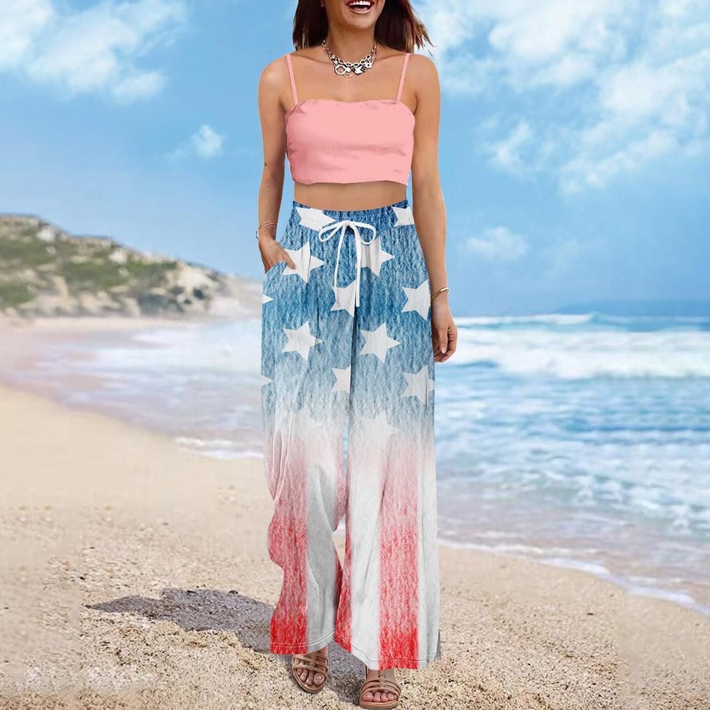 Damen Sommer Boho Palazzo Hose Hohe Taille Weites Bein Independence Printing Freizeithose mit Taschen