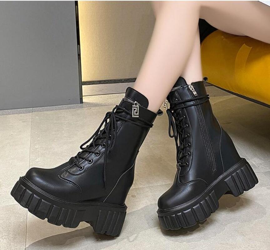 Winter 10Cm Warm Ankle Boots For Women Leather Short Boots Round Toe High Platform Fur Motorcycle Boots Thick Heel Sneakers Shoe